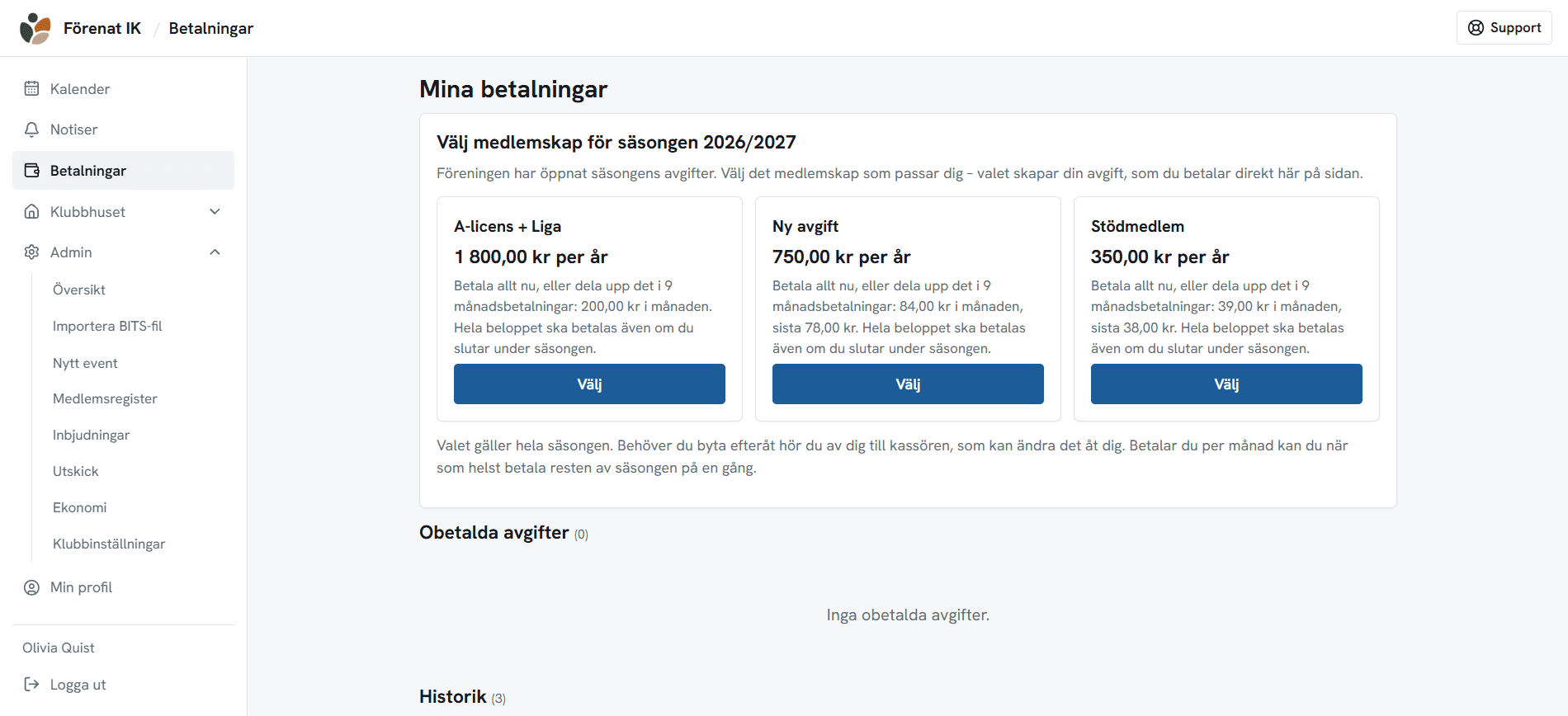 Sidan Mina betalningar i medlemsportalen, där medlemmen väljer mellan tre medlemskap för säsongen 2026/2027.