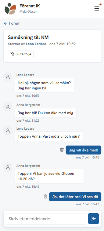 En forumtråd om samåkning i medlemsportalen, som den ser ut i mobilen.
